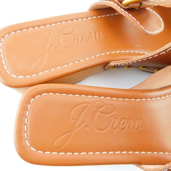 J. CREW Brown Leather Double Buckle Strap Slide Studded Wooden Heel Sandals 6.5 - Picture 8 of 8